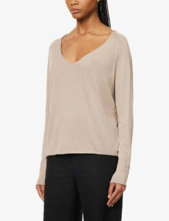 V-neck Relaxed-fit Silk And Cotton Knitted Top -Sweaty Bety Clothing Shop R04153677 SAND ALT02