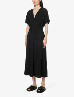 Vince V-neck Belted Woven Midi Dress -Sweaty Bety Clothing Shop R04154640 BLACK ALT02