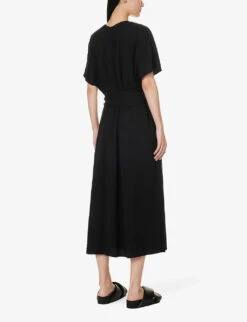 Vince V-neck Belted Woven Midi Dress -Sweaty Bety Clothing Shop R04154640 BLACK ALT03