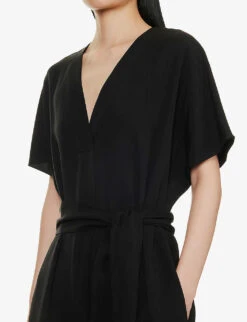 Vince V-neck Belted Woven Midi Dress -Sweaty Bety Clothing Shop R04154640 BLACK ALT04