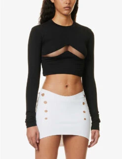 Cut-out Panel Cropped Slim-fit Stretch-cotton Top -Sweaty Bety Clothing Shop R04158085 BLACK ALT02