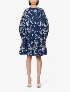 Erdem Floral-print Tiered-hem Cotton-poplin Mini Dress -Sweaty Bety Clothing Shop R04160732 OPHELIAVINEINDIGO ALT02