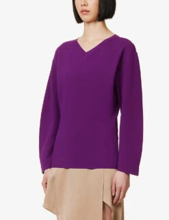 STELLA MCCARTNEY V-neck Ribbed-trim Knitted Jumper -Sweaty Bety Clothing Shop R04160803 BRIGHTPURPLE ALT02
