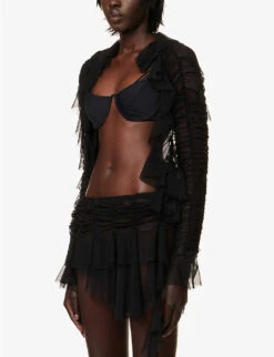 Ruffled Semi-sheer Stretch-woven Cardigan -Sweaty Bety Clothing Shop R04170541 BLACK ALT02