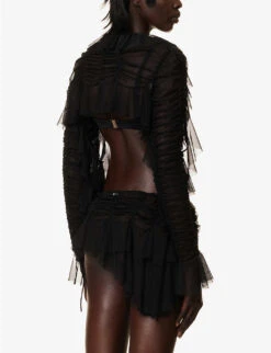 Ruffled Semi-sheer Stretch-woven Cardigan -Sweaty Bety Clothing Shop R04170541 BLACK ALT03