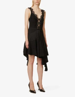 Victoria Beckham Scalloped-trim Asymmetric-hem Woven Midi Dress 10 Victoria Beckham Scalloped-trim Asymmetric-hem Woven Midi Dress -Sweaty Bety Clothing Shop R04180538 BLACK ALT02