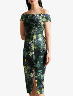 Ted Baker Divena Bardot Floral-print Stretch-woven Midi Dress -Sweaty Bety Clothing Shop R04181247 DKGREEN ALT02