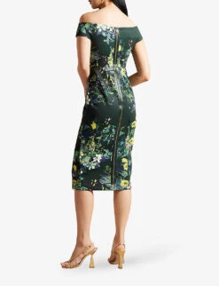 Ted Baker Divena Bardot Floral-print Stretch-woven Midi Dress -Sweaty Bety Clothing Shop R04181247 DKGREEN ALT03