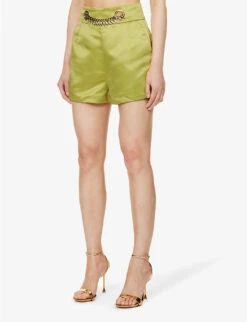 Chain-detail High-rise Satin Shorts -Sweaty Bety Clothing Shop R04186757 GREEN ALT02