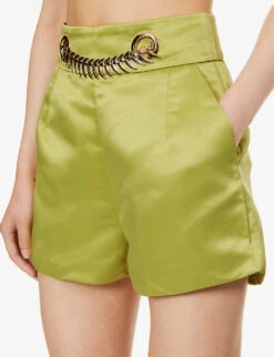 Chain-detail High-rise Satin Shorts -Sweaty Bety Clothing Shop R04186757 GREEN ALT04