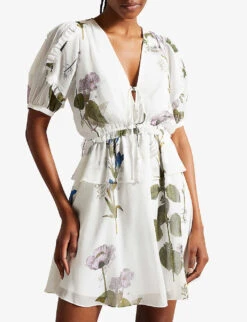 Ted Baker Jaliyaa Floral-print Puff-sleeved Recycled Polyester-blend Mini Dress -Sweaty Bety Clothing Shop R04189298 WHITE ALT02