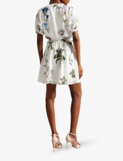 Ted Baker Jaliyaa Floral-print Puff-sleeved Recycled Polyester-blend Mini Dress -Sweaty Bety Clothing Shop R04189298 WHITE ALT03