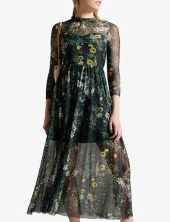 Ted Baker Lilah Floral-print Mesh-sleeve Woven Midi Dress -Sweaty Bety Clothing Shop R04189332 DKGREEN ALT02