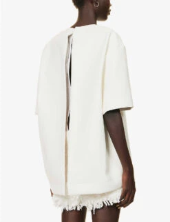 Sacai Brand-print Frayed-hem Relaxed-fit Faux Leather Pullover -Sweaty Bety Clothing Shop R04189552 OFFWHITE ALT03