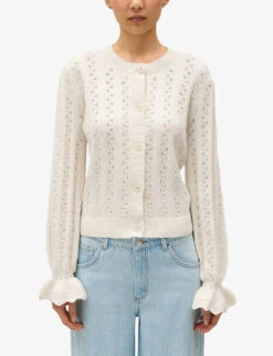 CLAUDIE PIERLOT Openwork Ruffled Cotton-blend Cardigan -Sweaty Bety Clothing Shop R04189869 NATURELS ALT04