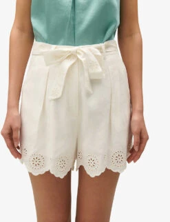 CLAUDIE PIERLOT Scalloped-trim Belted-waist Linen-blend Shorts -Sweaty Bety Clothing Shop R04189895 NATURELS ALT04
