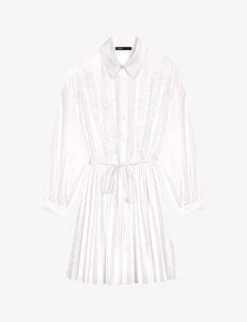 Maje Riwhite Floral-embroidered Pleated-skirt Woven Mini Dress