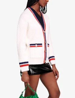 Maje Medhi V-neck Contrast-trim Stretch-knit Cardigan -Sweaty Bety Clothing Shop R04190432 BLANC ALT02