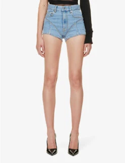 Mugler Crystal-embellished Mid-rise Stretch-denim Shorts -Sweaty Bety Clothing Shop R04192667 LIGHTBLUE ALT02