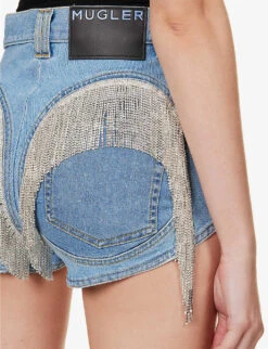 Mugler Crystal-embellished Mid-rise Stretch-denim Shorts -Sweaty Bety Clothing Shop R04192667 LIGHTBLUE ALT04