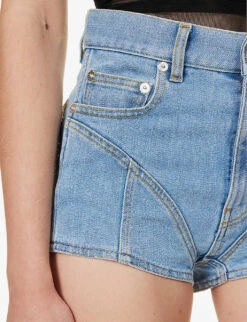 Mugler Crystal-embellished Mid-rise Stretch-denim Shorts -Sweaty Bety Clothing Shop R04192667 LIGHTBLUE ALT05