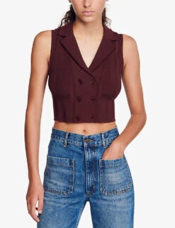 Sandro Solune Wide-collar Cropped Stretch-woven Waistcoat -Sweaty Bety Clothing Shop R04194627 BRUNS ALT02