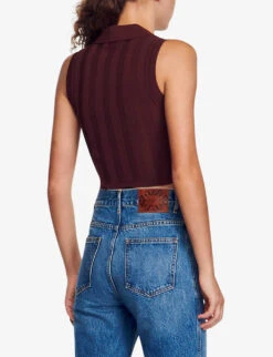 Sandro Solune Wide-collar Cropped Stretch-woven Waistcoat -Sweaty Bety Clothing Shop R04194627 BRUNS ALT03