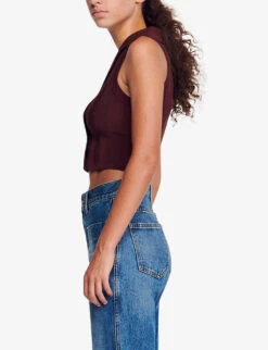Sandro Solune Wide-collar Cropped Stretch-woven Waistcoat -Sweaty Bety Clothing Shop R04194627 BRUNS ALT04