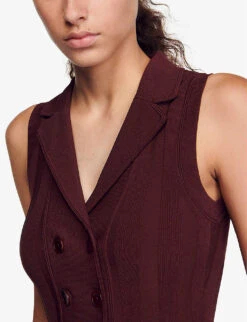 Sandro Solune Wide-collar Cropped Stretch-woven Waistcoat -Sweaty Bety Clothing Shop R04194627 BRUNS ALT05