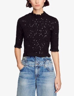 Sandro Voltige Sequin-embellished Stretch-woven Top -Sweaty Bety Clothing Shop R04197709 NOIRGRIS ALT02
