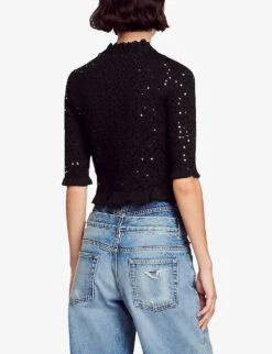 Sandro Voltige Sequin-embellished Stretch-woven Top -Sweaty Bety Clothing Shop R04197709 NOIRGRIS ALT03