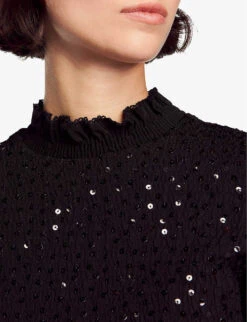 Sandro Voltige Sequin-embellished Stretch-woven Top -Sweaty Bety Clothing Shop R04197709 NOIRGRIS ALT04