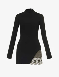 High-neck Sequin-embellished Stretch-woven Mini Dress