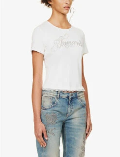 Blumarine Logo Rhinestone-embellished Stretch-cotton T-shirt 10 Blumarine Logo Rhinestone-embellished Stretch-cotton T-shirt -Sweaty Bety Clothing Shop R04199733 BIANCONATURALE ALT02