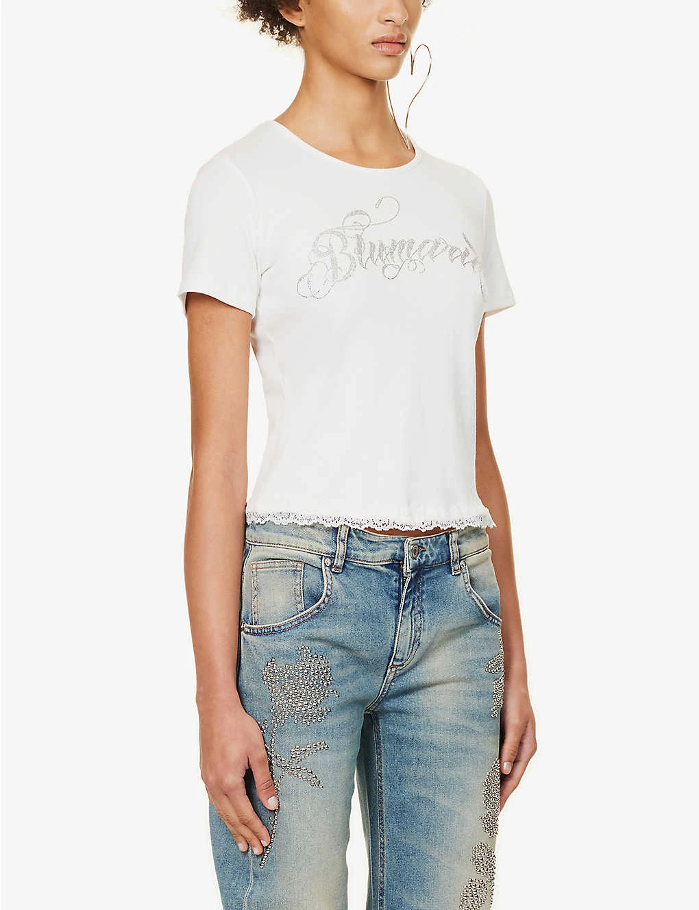 Blumarine Logo Rhinestone-embellished Stretch-cotton T-shirt 5 Blumarine Logo Rhinestone-embellished Stretch-cotton T-shirt - Image 3