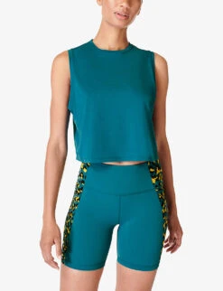 Sweaty Betty Breathe Easy Logo-brand Cropped Stretch Recycled-polyester Tank Top -Sweaty Bety Clothing Shop R04201951 CABINBLUE ALT02